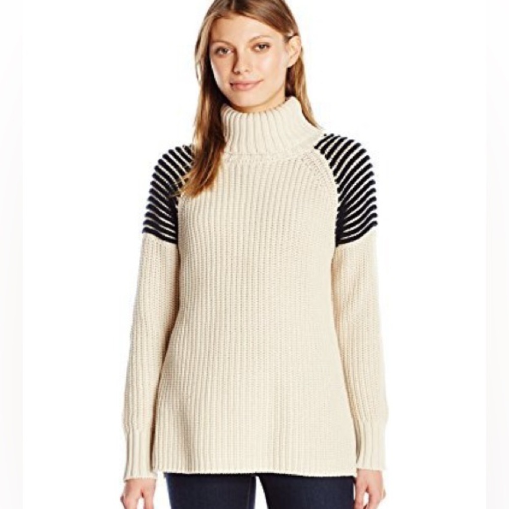 525 America Turtleneck Ottoman Shoulder Shaker Beige Nautical Sweater Womens SM